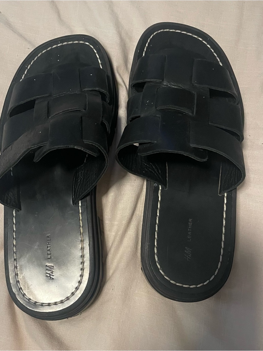 H&M Black Woven Leather Slide Sandals